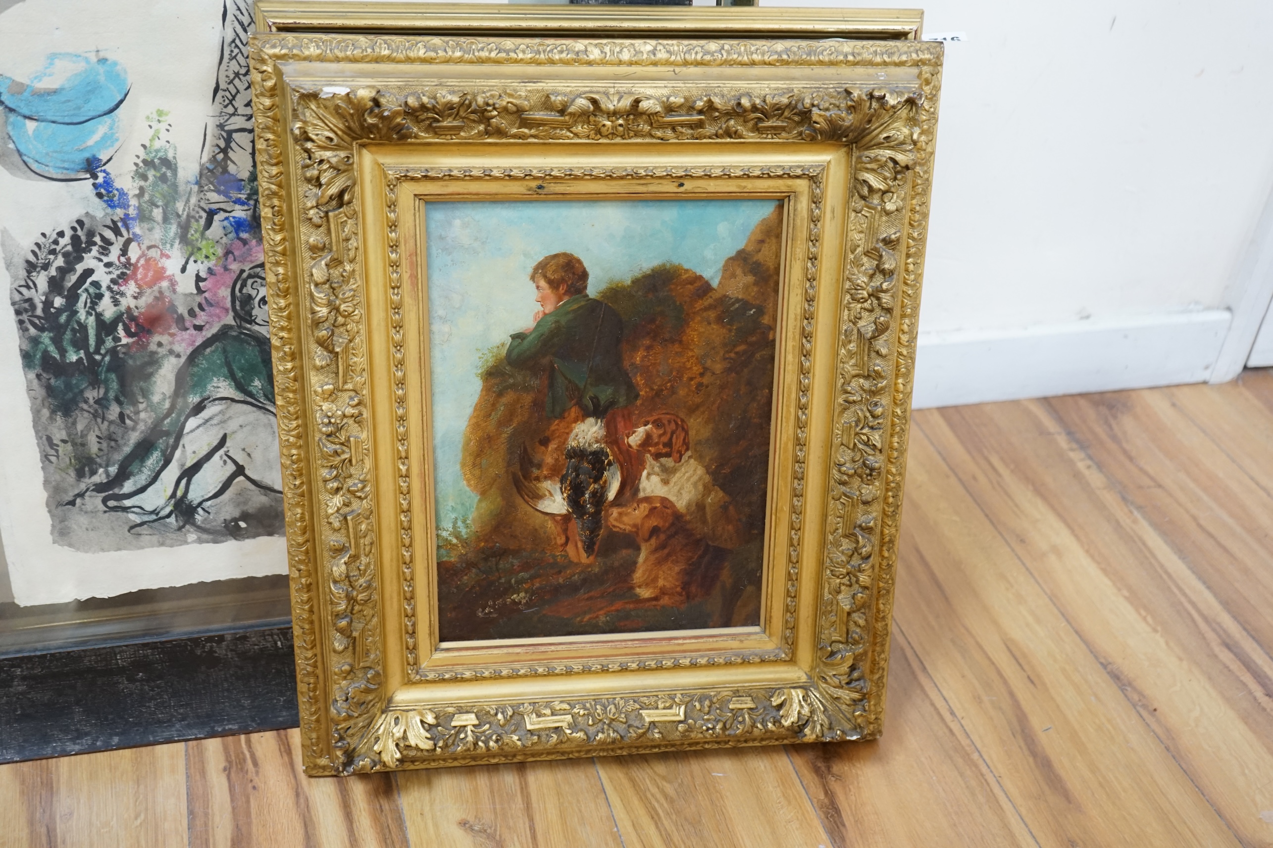 After S. Barham, oil on board, Gundogs and figure in a landscape, unsigned, 34 x 25cm, ornate gilt framed. Condition - poor, restored